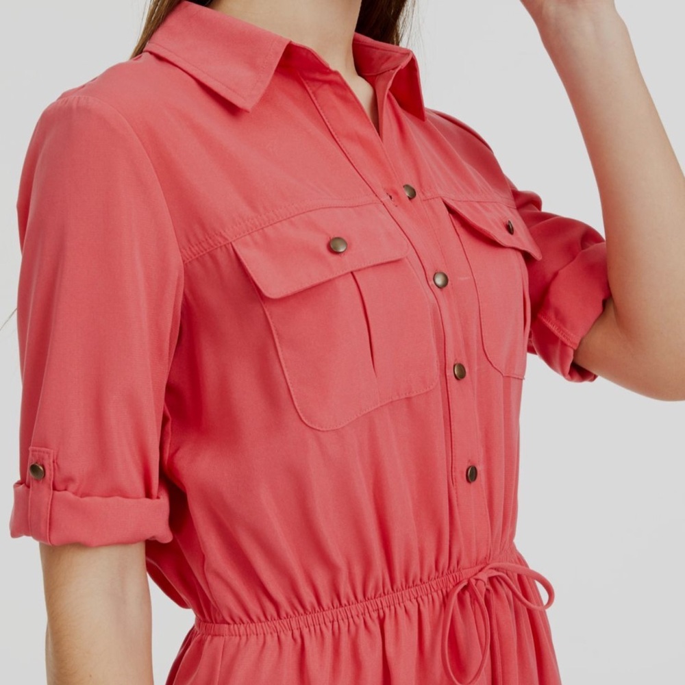 Bebop Pink Button Front Shirt Dress Drawstring Waist Roll Tab Sleeves - Size L - Picture 2 of 8